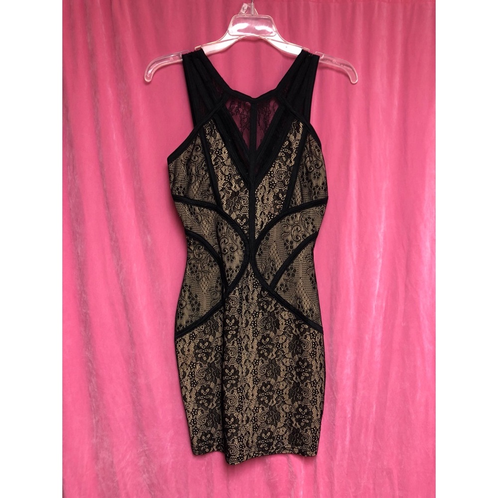 Black and gold cocktail dress.